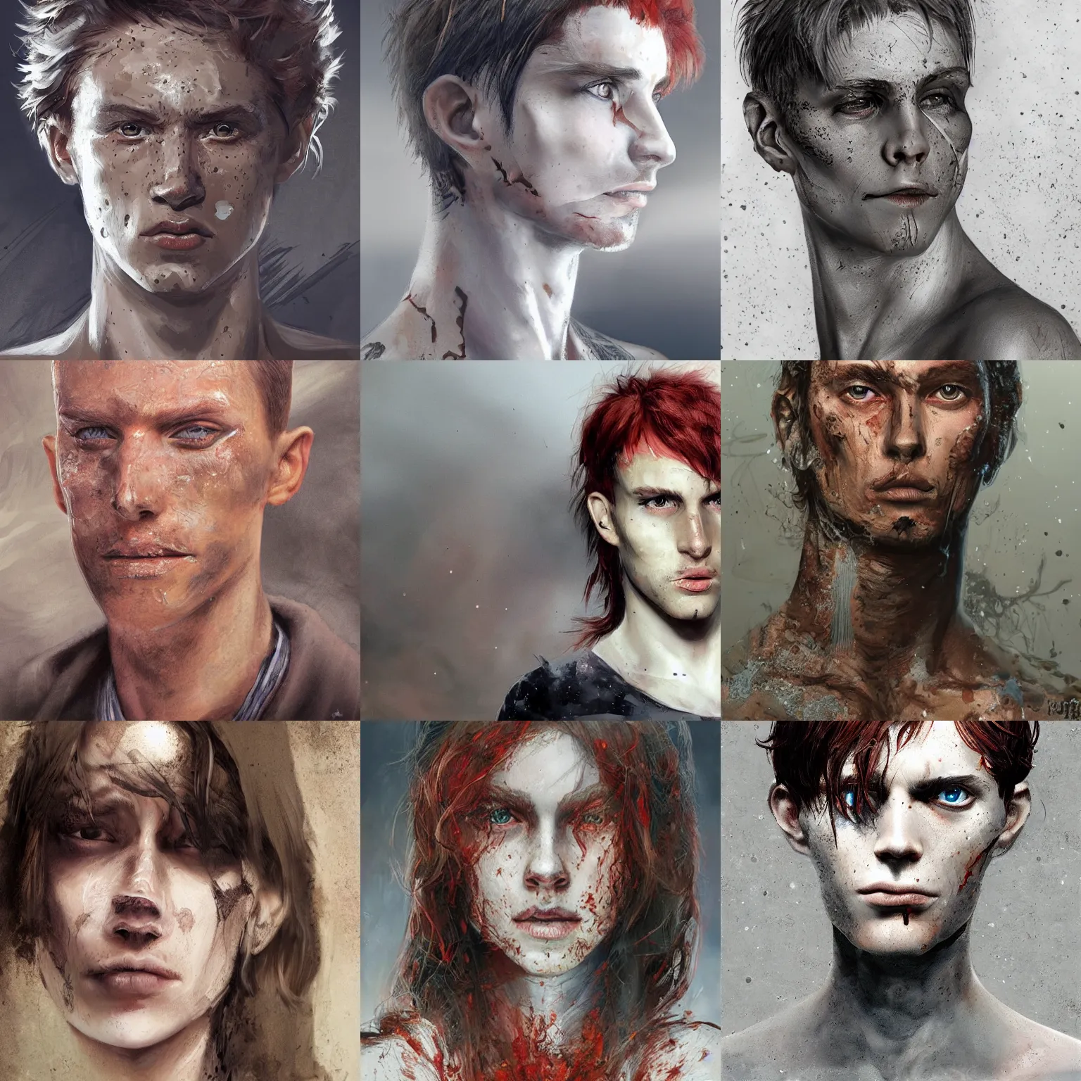 Prompt: portrait of a thin young man with long red hair, a big scars, big gash scratch on face, freckles on his face, intricate, elegant, highly detailed, digital painting, artstation, concept art, sharp focus, illustration, art by aleksi briclot, rutkowski