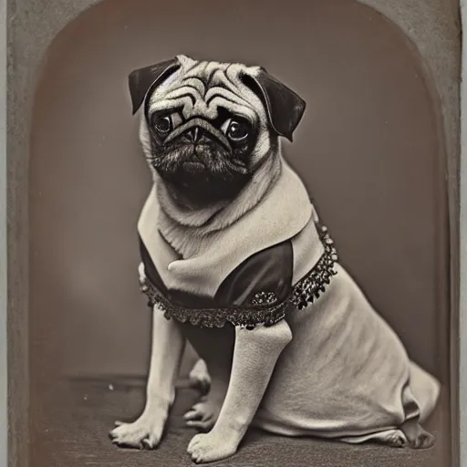 Image similar to daguerreotype portrait of a pug wearing a victorian dress