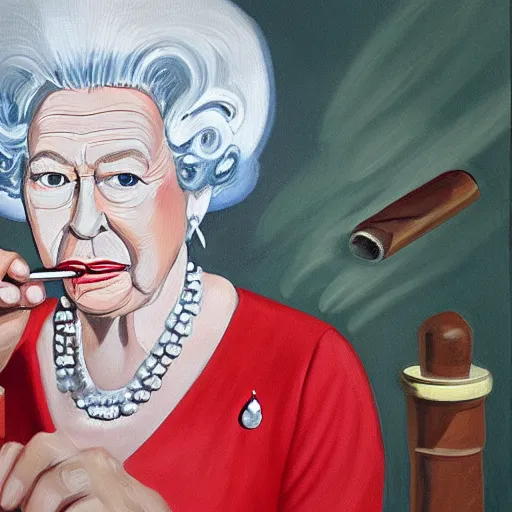 Image similar to Realistic painting of Queen Elizabeth II smoking a cigar on a unicycle