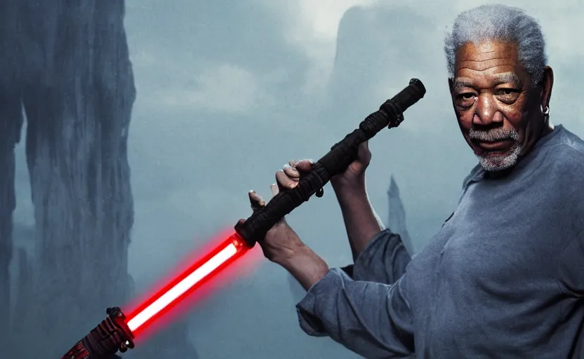 Prompt: morgan freeman holding a light saber, water landscape, dramatic lighting, cinematic, establishing shot, extremly high detail, photorealistic, cinematic lighting, post processed, concept art, artstation, matte painting, style by greg rutkowsky