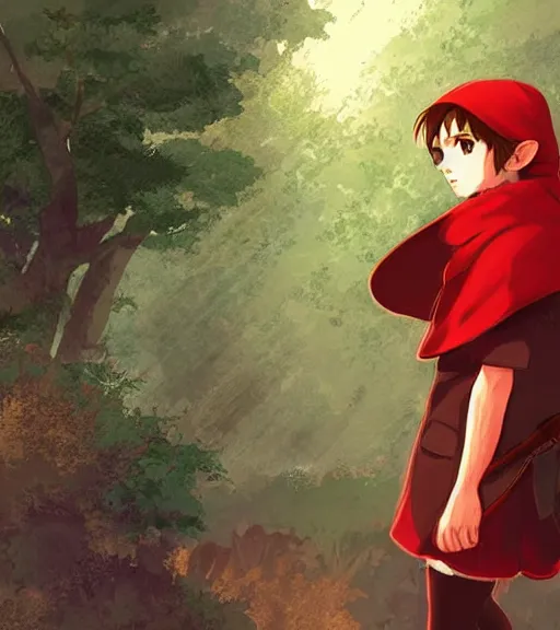 Prompt: attractive little boy character inspired in little red riding hood and link, digital artwork made by akihiko yoshida and makoto shinkai