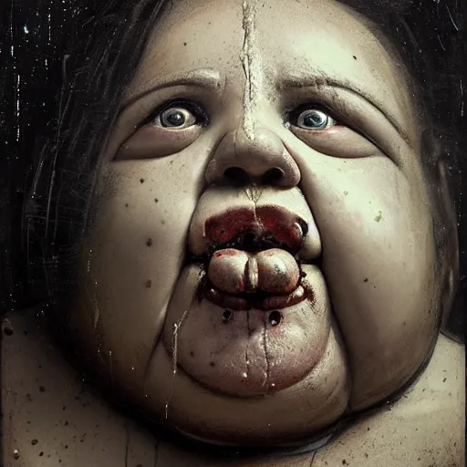 Image similar to portrait of the face of fat old sumoringer as despair from sandman, venus of willendorf, by jeremy mann, by gregory crewdson, by bastien lecouffe deharme, by russ mills, sad face, topknot, black hair, mourning, black eyes, white room, soft lightning, high detailed, 8 k