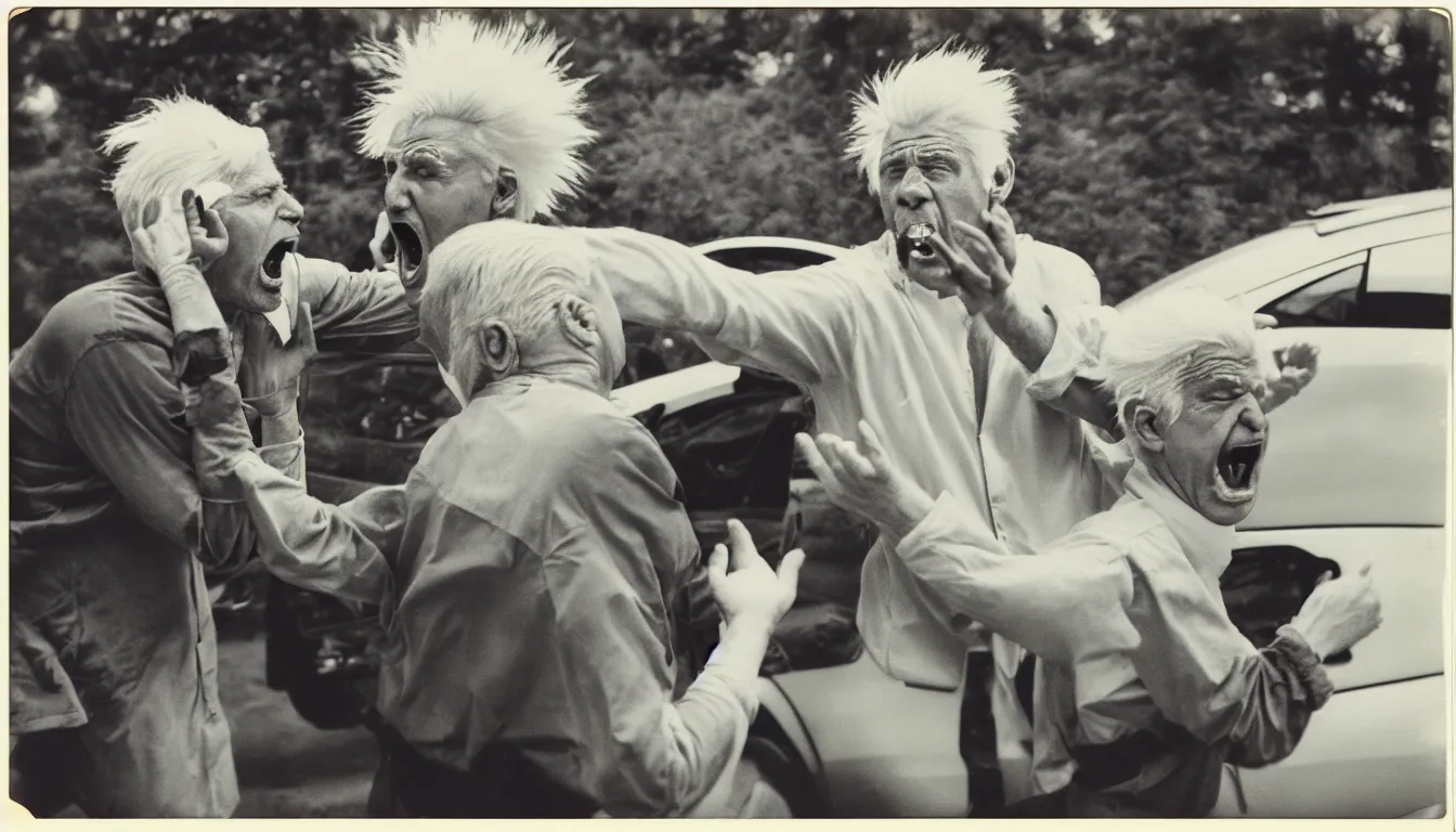 Prompt: old, polaroid picture of old white haired man yelling and throwing hands at suv very detailed, 8 k