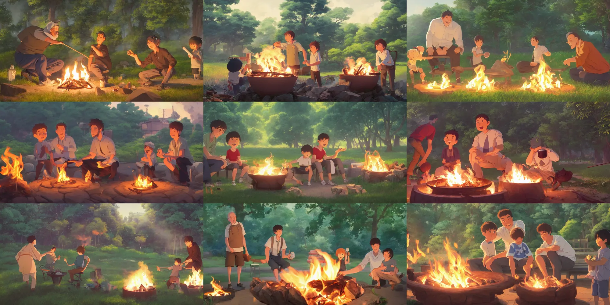Prompt: a wholesome animation key shot of a father helping his son roast marshmallows over a fire pit, medium shot, waist up, studio Ghibli, Pixar and Disney animation, sharp, Rendered in Unreal Engine 5, anime key art by Greg Rutkowski, Bloom, dramatic lighting