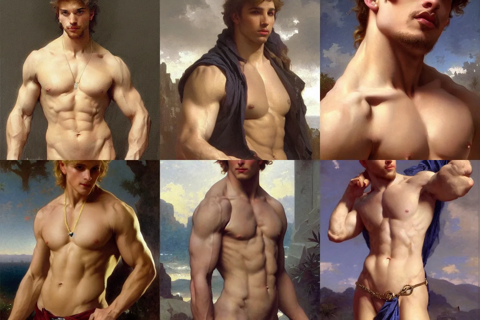 Prompt: a lean muscular Adonis with choppy blond hair and several necklaces. Drawn by Bouguereau and Geoffroy Thoorens. Trending on Artstation.