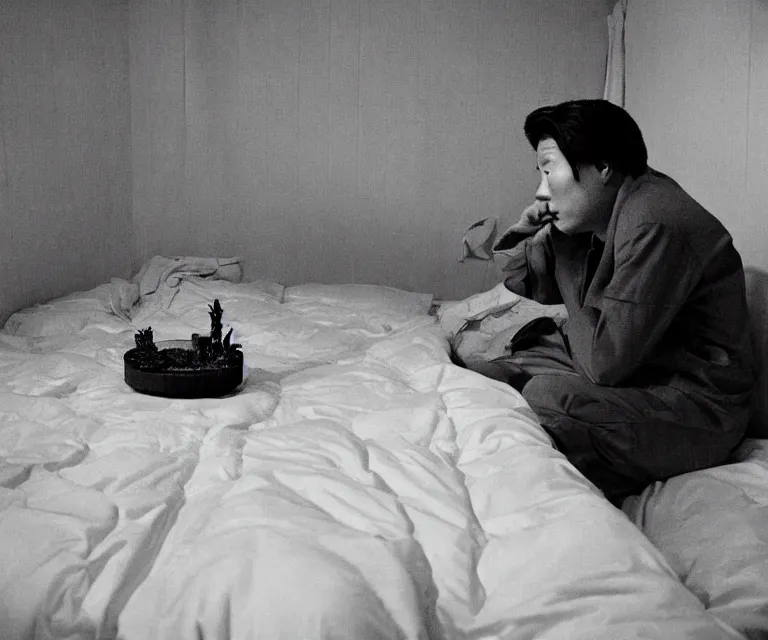 Image similar to hyperralism pineapple express movie still photography of real detailed north korean kim chen with detailed face smoking detailed weed in detailed basement bedroom hyperrealism photography by araki nobuyoshi