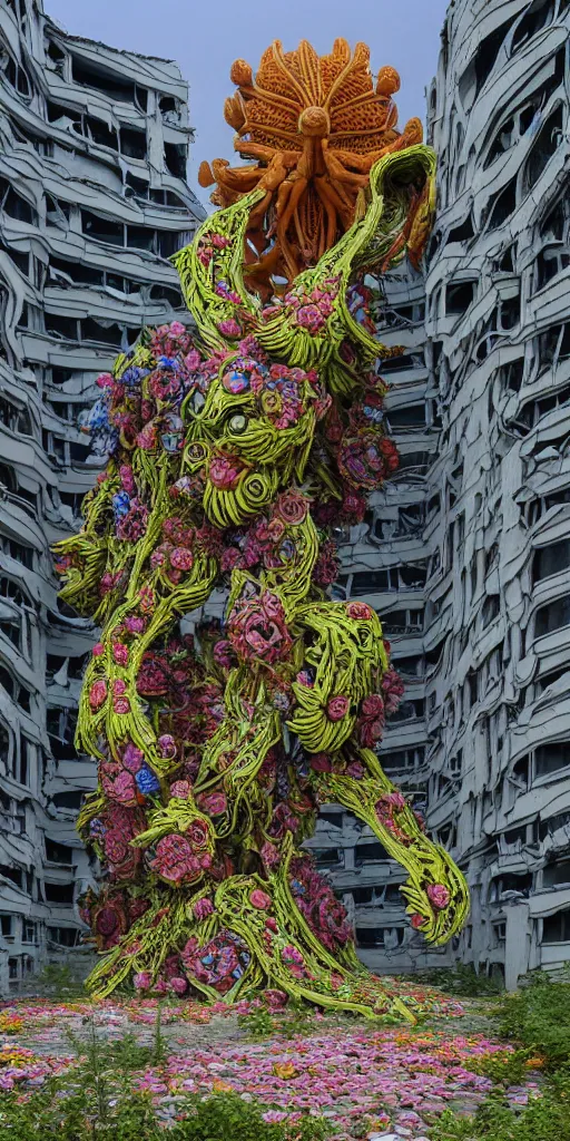 Prompt: colossal psyhedelic alien predator flower made from worst unfulfilled mankind projects in the middle of abandoned post soviet constructivist cityscape, Stalinist architecture, ultradetailed, Intricate by Niruyoshi Ohrai and Hayao Miyazaki and Josan Gonzalez