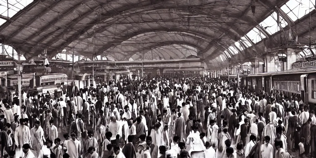 Image similar to establishing shot, interior of an indian railway station, bustling with people, sharp focus, aesthetic