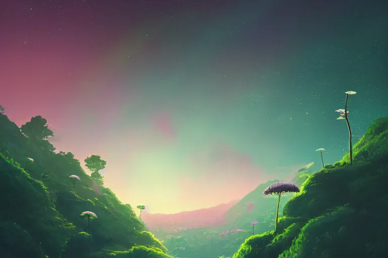 Image similar to a beautifully ultradetailed painting of a mysterious fern green location on top of a universe on the side of a mountain filled with giant orange and purple crystals illuminated by pastel pink fireflies, icy blue mist, morning shot, alena aenami, raphael lacoste, makoto shinkai, 4 k, trending on artstation