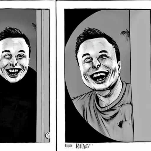 Image similar to photograph at night of elon musk smiling creepily through your bedrooms window, horror art,