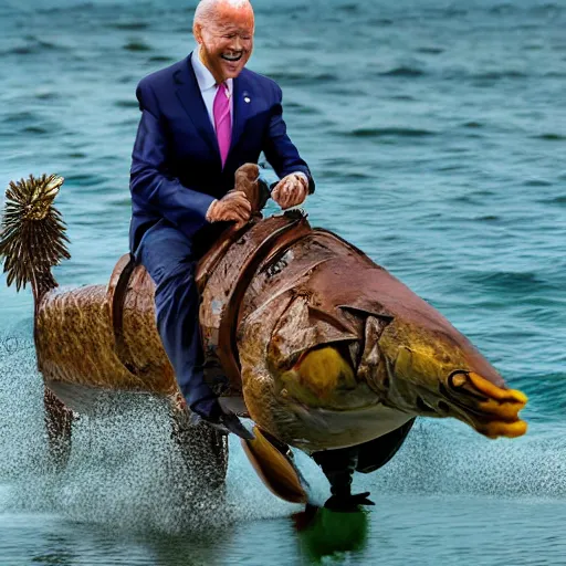 Prompt: president biden riding a fish, realistic, 8 k, ultra details, highly detailed face, sharp focus