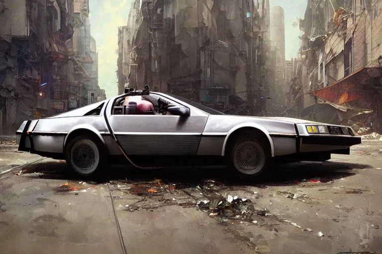 Image similar to photograph of the delorean driving down the streets of a cyberpunk abandoned city, by greg rutkowski, by stanley artgerm, by alphonse mucha