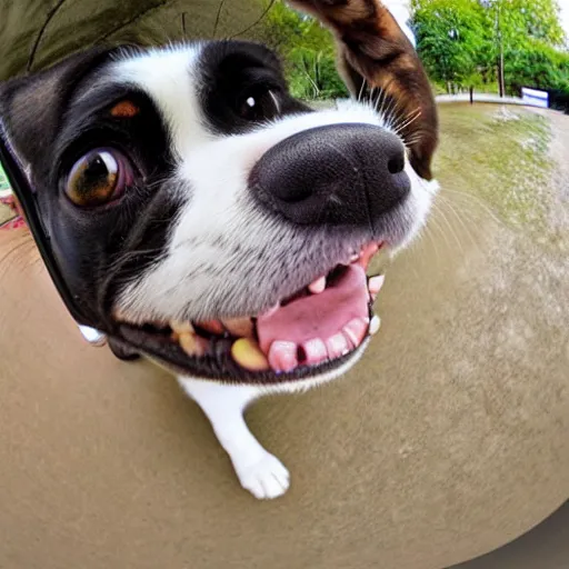 Image similar to widest fish eye lens extremely close to happy dog