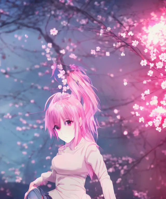 Image similar to anime girl, light pink hair with pink flames, video game, cherry blossoms, neo tokyo, portrait, perfectly symmetrical, 5 0 mm