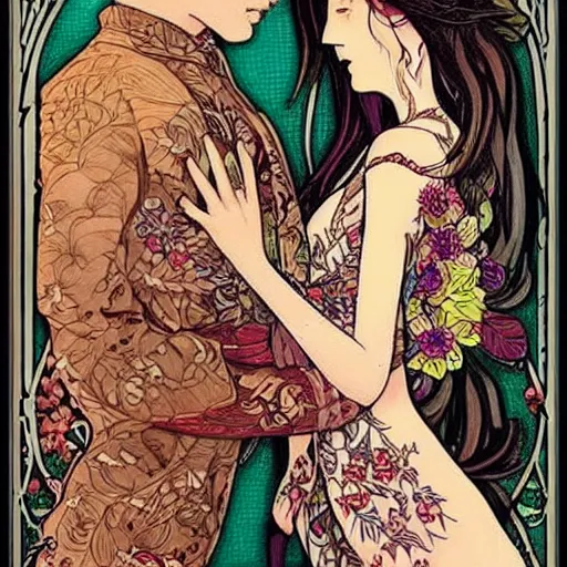 Image similar to a couple in love. she has dark wavy hair. he is bald. in the style of art nouveau. alphonse mocha. colorful floral. hyper detailed. intricate. beautiful.