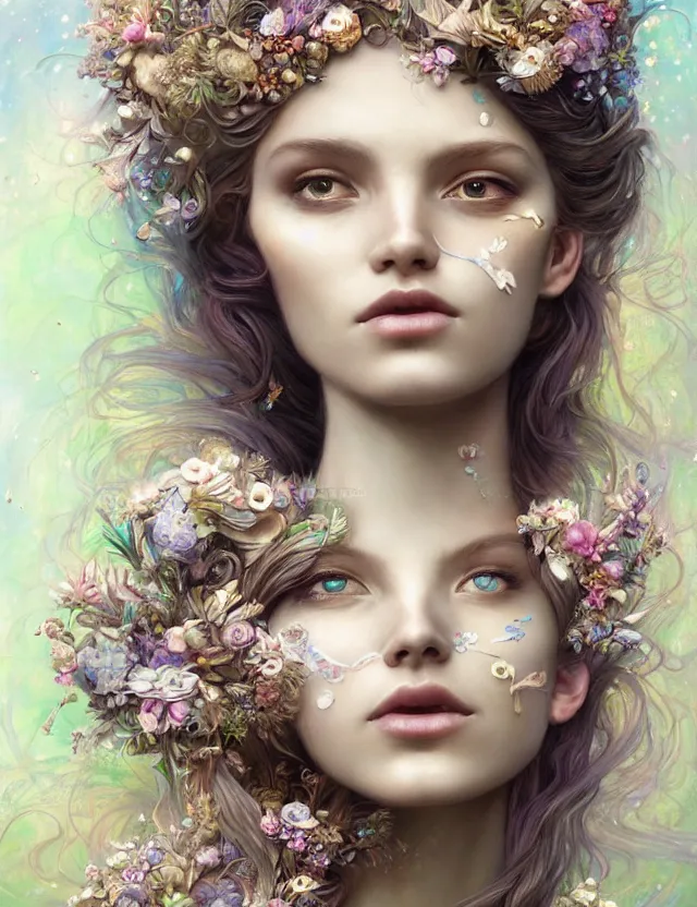 Image similar to organic goddess with flowers in hair, holographic white plastic and driftwood, fantasy, intricate, elegant, highly detailed, lifelike, photorealistic, digital painting, artstation, illustration, smooth, sharp focus, art by scott davidson, albert aublet, krenz cushart, artem demura, mucha