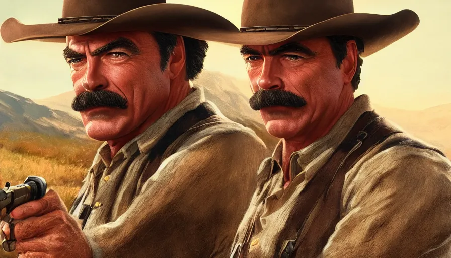 Image similar to tom selleck in a western movie, hyperdetailed, artstation, cgsociety, 8 k