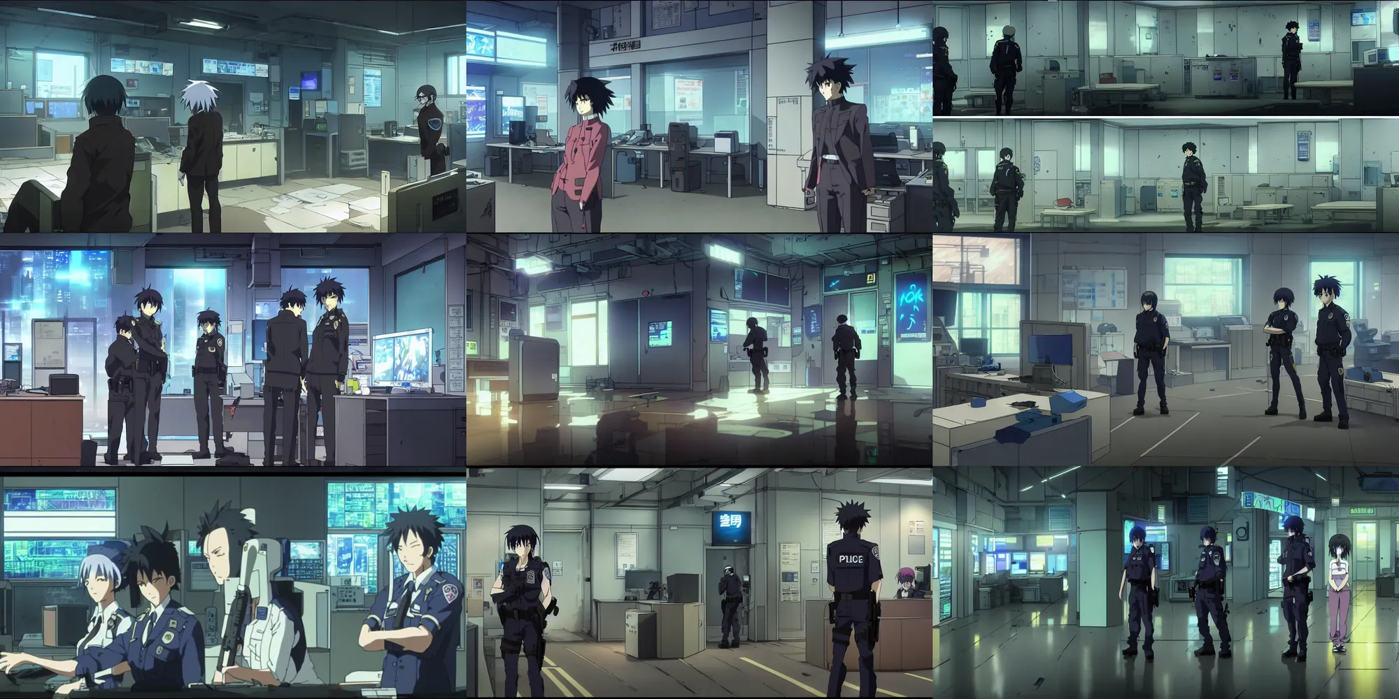 Prompt: a cyberpunk police police office after hours and no people in a quiet quiet quiet shop in the cyberpunk anime film, Shichiro Kobayashi, screenshot in the anime series ergo proxy and Detroit metal city, interior