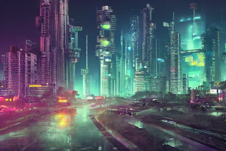 Prompt: photograph of Dhaka in the future, cyberpunk style, night,