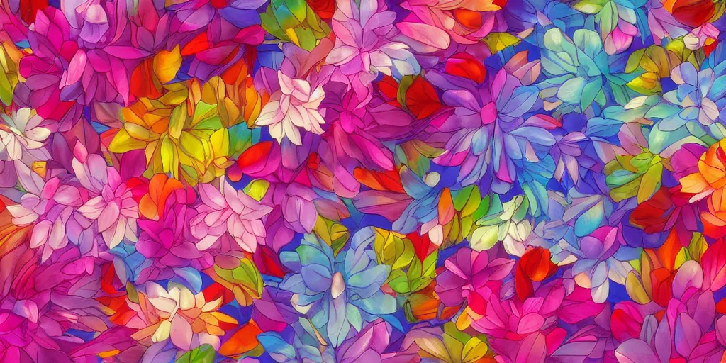 Image similar to background art of spaciously scattered multi colored flower petals flowing through the air from left to right on a clean background, anime, artgerm, manga, trending on artstation, art nouveau, large and medium petals