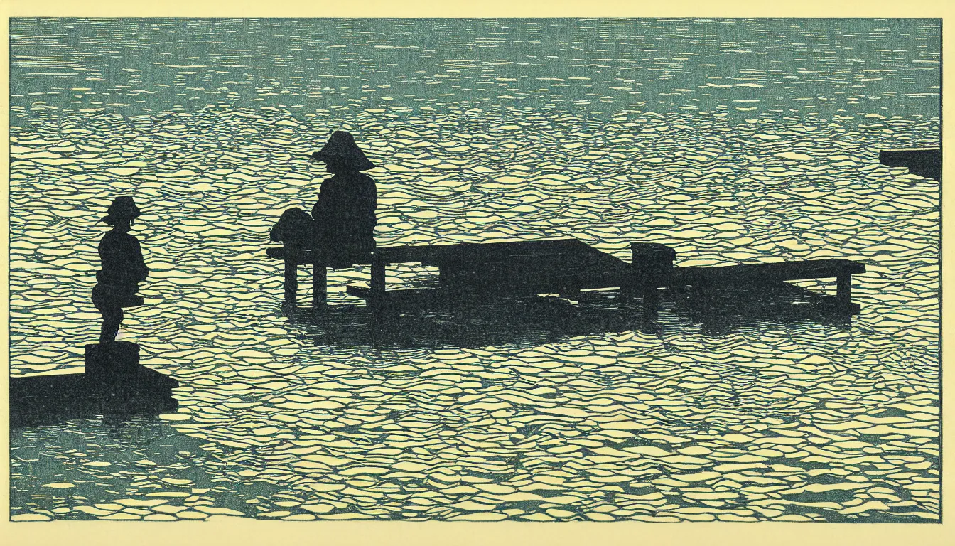 Image similar to sitting at the end of the dock by woodblock print, moebius