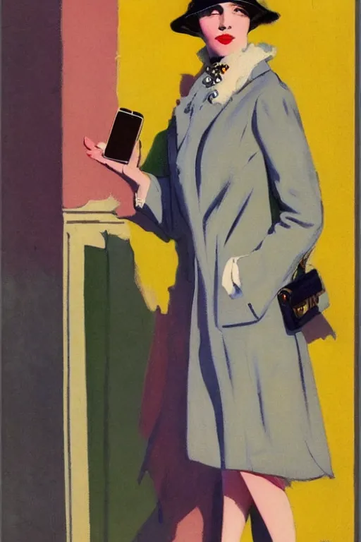 Image similar to high quality illustration of a pretty woman talking on her iphone while walking in the streets of New York in style of 1920s full color illustration by J.C. Leyendecker, colorful color palette