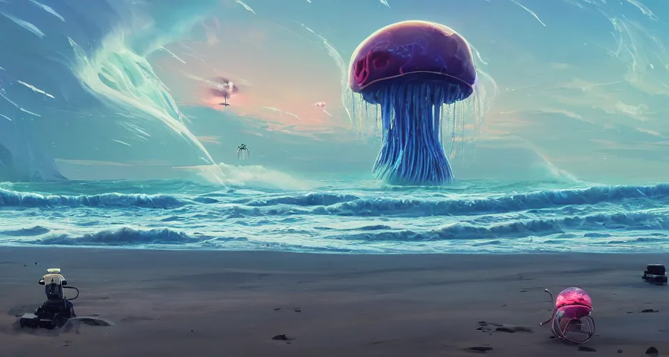 Prompt: A very beautiful serene coastal landscape scene with a GIANT MECHA JELLYFISH looming in the distance, bright sunny the great waves of kanagawa splashing on the beach, Translucent rendered by simon stålenhag, rendered by Beeple, Makoto Shinkai, syd meade, environment concept, digital art, starwars, unreal engine, 3 point perspective, WLOP, trending on artstation, low level, 4K UHD image, octane render,