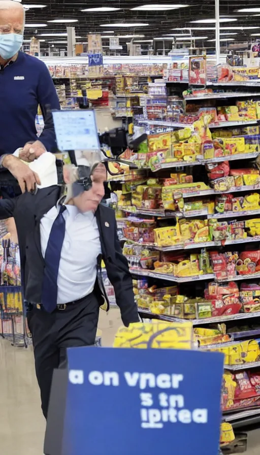 Prompt: joe biden working at walmart, cinema still