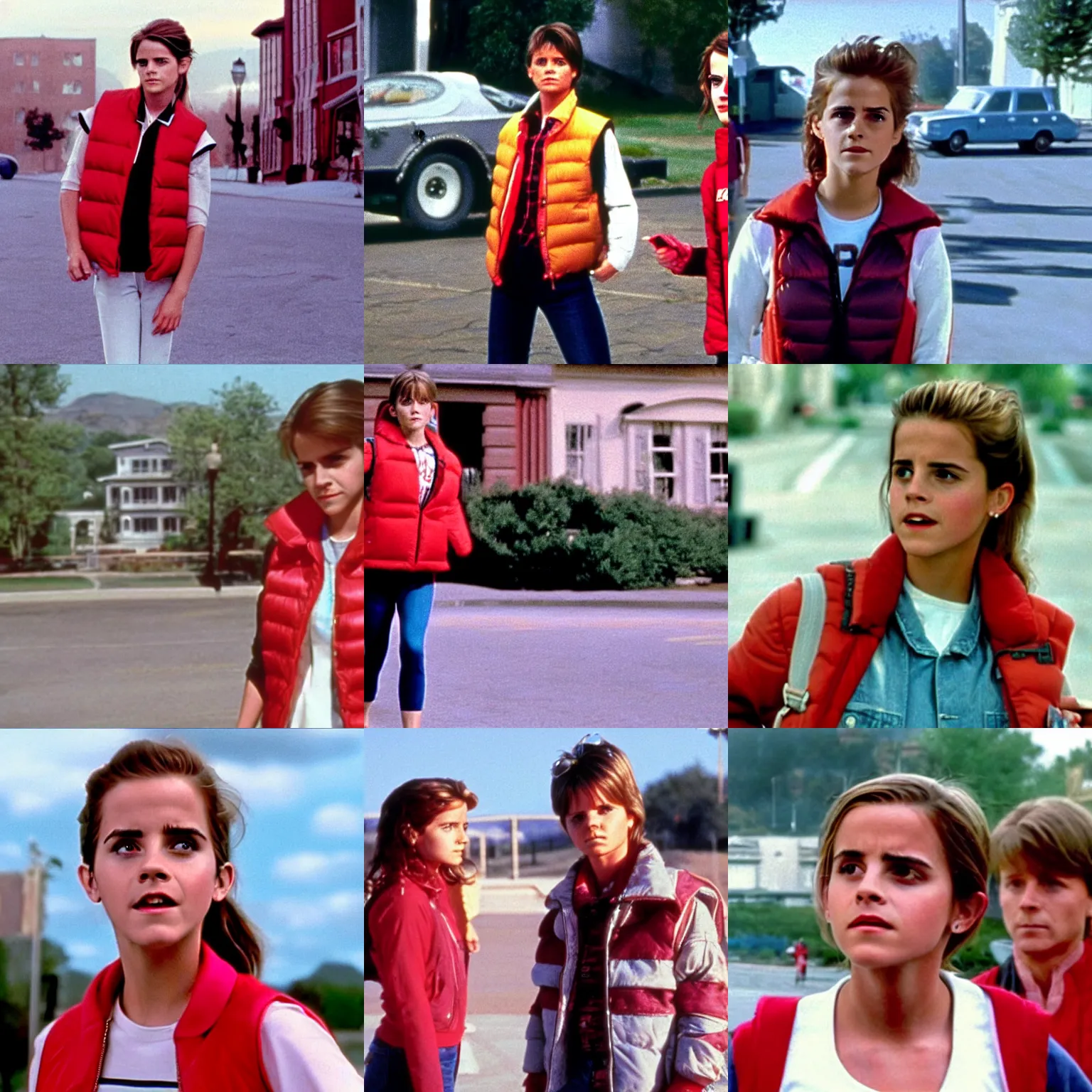 Prompt: female marty mcfly, wearing red down vest, played by emma watson, back to the future closeup movie still, hill valley in background ( 1 9 8 5 )