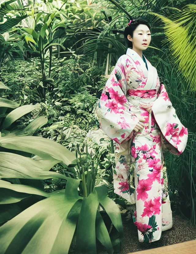 Prompt: photograph of a beautiful Japanese woman wearing a pretty kimono in a tropical greenhouse, by Annie Leibowiz, by Alessio Albi, extremely detailed, large format camera, Fuji Provia, bokeh, blurred background, photorealistic, trending on instagram