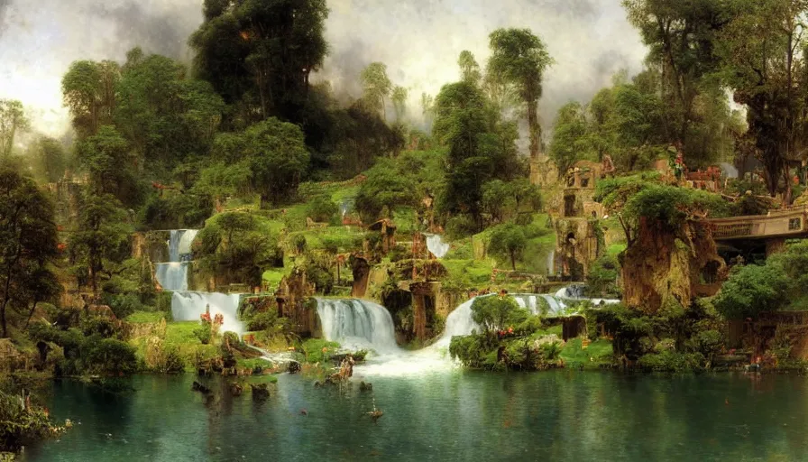 Image similar to a small village by a lake, waterfalls, cascades, very detailed, by john berkey, albert bierstadt, ruan jia, lawrence alma tadema, zdzislaw beksinski, carl spitzweg, everett raymond kinstler, norman rockwell, jack kirby, tom lovell, greg staples