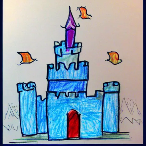 Image similar to child's drawing depiction of the castle of frozen ideal and dreams