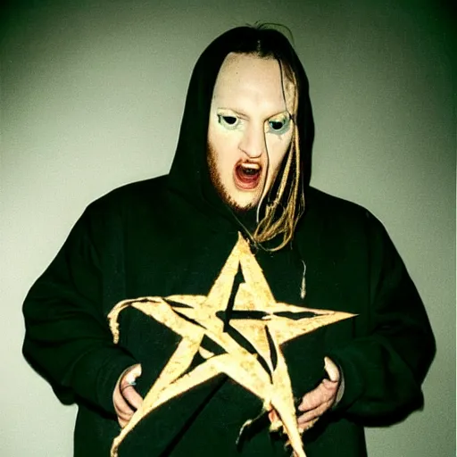 Image similar to a nu-metal musician using a pentagram to conjure a demon. Horror film production photo from the 2000’s.