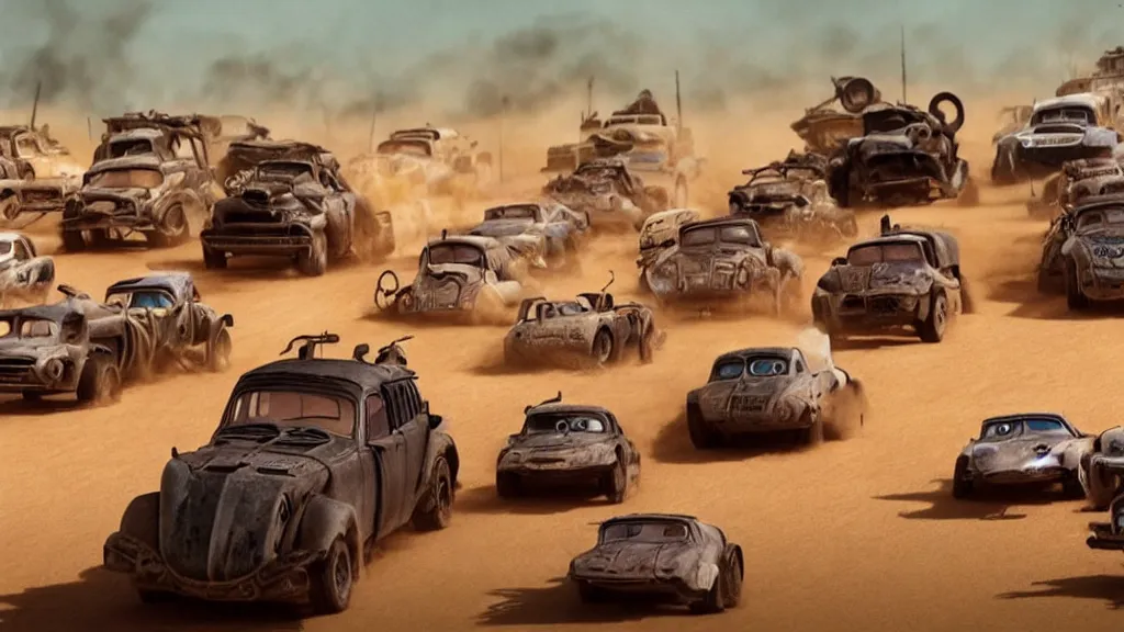 Image similar to pixar cars in mad max fury road, cartoon eyes, explosions, war boys, imax