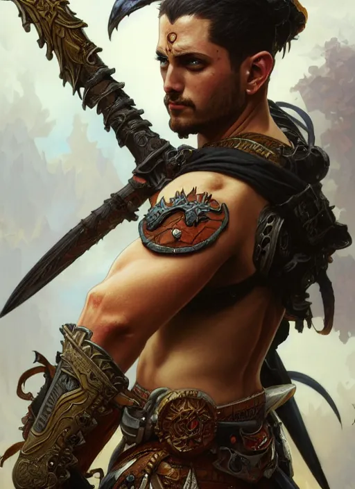 Image similar to travis willingham as a warrior, intricate, brutal, highly detailed, digital painting, artstation, concept art, smooth, sharp focus, illustration, art by artgerm and greg rutkowski and alphonse mucha, 8 k