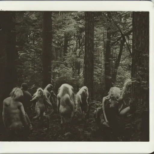 Image similar to a polaroid image of monsters gathering in the forest, grainy