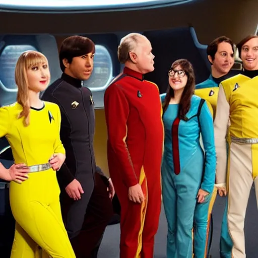 Image similar to Johnny Galecky,Bob Parsons, Kaley couco, Kunal Nayyar, Mayim Bialik,Simon Helberg,Melissa Rauch on star trek