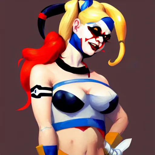 Image similar to Greg Manchess portrait painting of Harley Quinn as Overwatch character, medium shot, asymmetrical, profile picture, Organic Painting, sunny day, Matte Painting, bold shapes, hard edges, street art, trending on artstation, by Huang Guangjian and Gil Elvgren and Sachin Teng