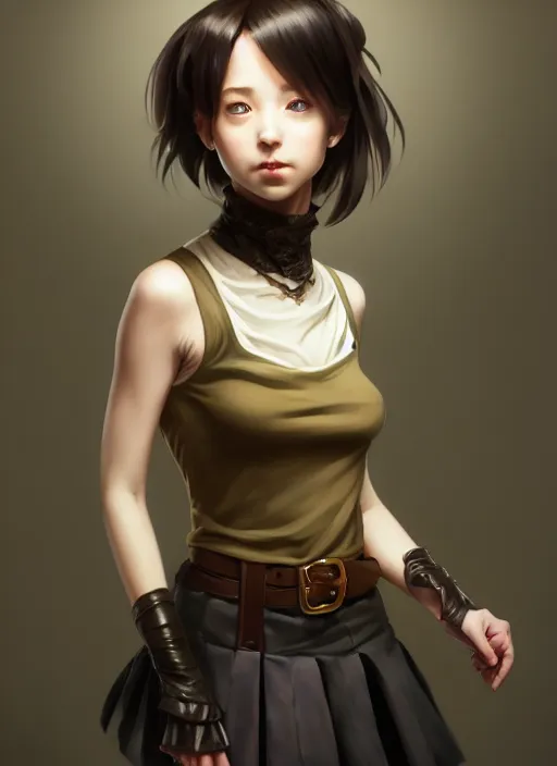 Image similar to portrait of a full body of beautiful young female detective, d & d, sleeveless turtleneck, pleated skirt, fantasy, flat lighting, intricate, highly detailed, digital painting, artstation, concept art, smooth, sharp focus, illustration, misa amane, art by simon bisley and greg rutkowski and alphonse mucha, natural tpose