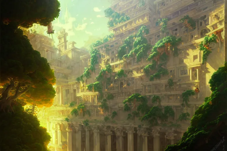 Image similar to baroque oil painting of anime key visual environment concept art of hanging gardens of babylon, brutalist, dark fantasy, rule of thirds, cinematic lighting, fake hidden detail, trending on pixiv fanbox, acrylic palette knife and brush, style of makoto shinkai studio ghibli genshin impact jamie wyeth james gilleard greg rutkowski