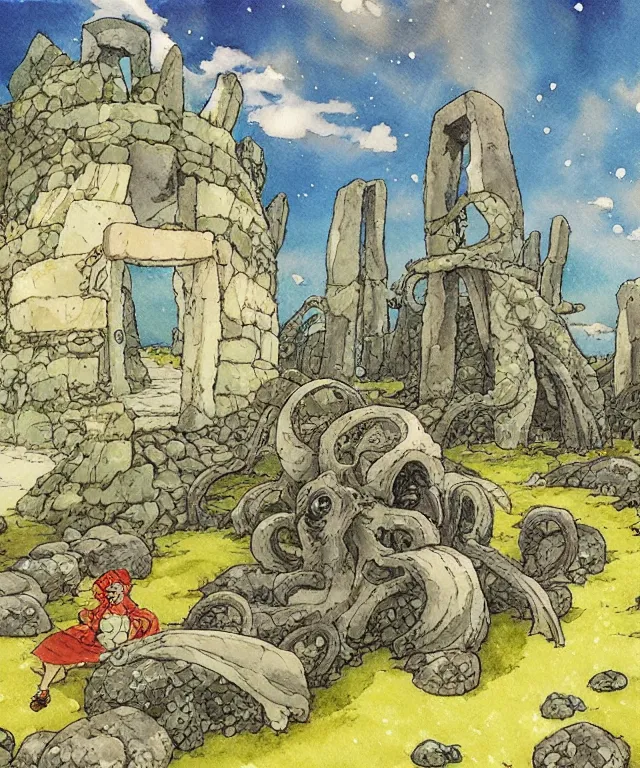 Image similar to a hyperrealist studio ghibli watercolor fantasy concept art. in the foreground is a giant grey octopus building and putting stones in to place on top of stonehenge with a starry sky. by rebecca guay, michael kaluta, charles vess