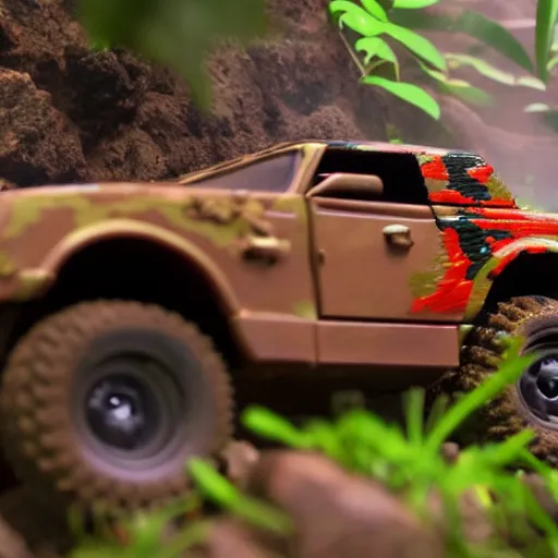 Prompt: 3 5 mm photo of militar car like hot wheels model in jungle as background, on an very epic cinematic