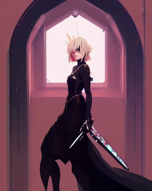 Image similar to a ultradetailed beautiful panting of artoria pendragon in a black dress, by conrad roset, greg rutkowski and makoto shinkai, trending on artstation