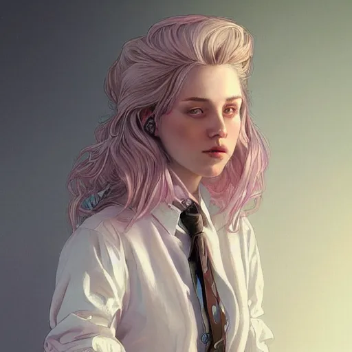 Image similar to portrait of a scottish teenage girl with pinkish grayblonde hair, glowing skin, awkward, nerdy, fantasy, intricate, elegant, dress shirt, highly detailed, digital painting, artstation, concept art, smooth, sharp focus, illustration, art by Krenz Cushart and Artem Demura and alphonse mucha