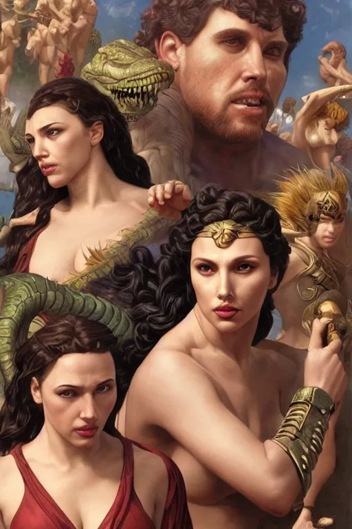 Image similar to A fantasy comic book style Oil Painting portrait of hybrid Scarlett Johansson and Gal Gadot, as Atlantean Reptilian Warriors, Mystical Valkyrie, unreal 5, DAZ, hyperrealistic, octane render, Regal, Refined, Detailed Digital Art, RPG portrait, William-Adolphe Bouguereau, Michael Cheval, Walt Disney (1937), François Boucher, Steampunk, Josephine wall, dynamic lighting, Highly Detailed, Cinematic Lighting, Unreal Engine, 8k, HD