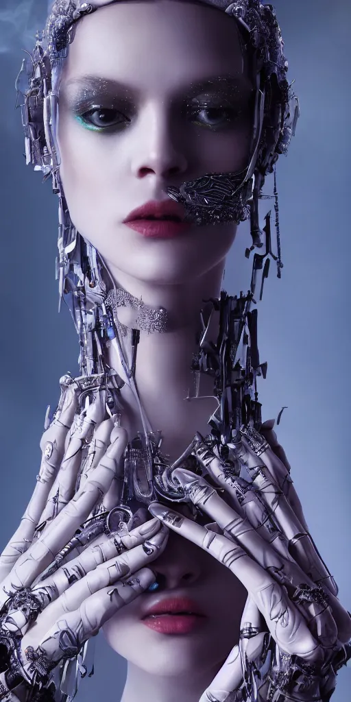 Image similar to hyperrealistic futuristic high fashion photography, girl in studio, full body, vogue magazine, nomad masterpiece, nano parts, neon lights, smoke, eerie music, beautiful intricate face and flawless skin, tribal jewelry, tattoos, perfect hands, head piece, by Edgar Maxence and Ross Tran and Michael Whelan, 8k, octane render