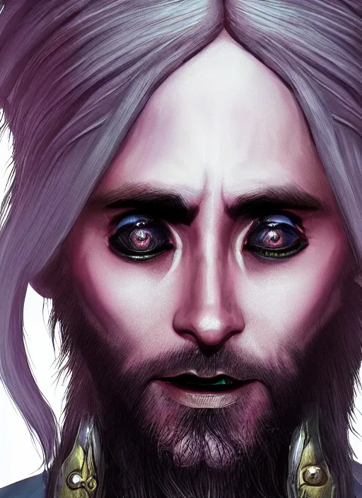 Image similar to A fantasy comic book style portrait painting of Jared Leto as a dark elf, unreal 5, DAZ, hyperrealistic, octane render, RPG portrait, ambient light, dynamic lighting