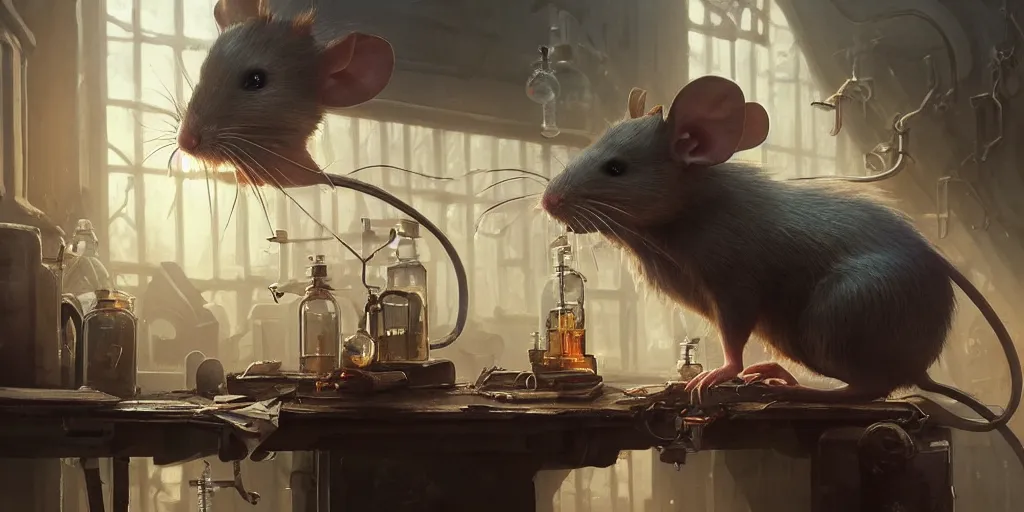 Image similar to rat sitting on a desk in a laboratory with lots of flasks filled with magic liquids and poisonous fog, stephen bliss, unreal engine, fantasy art by greg rutkowski, loish, rhads, ferdinand knab, ilya kuvshinov, rossdraws, tom bagshaw, global illumination, radiant soft light, detailed and intricate environment