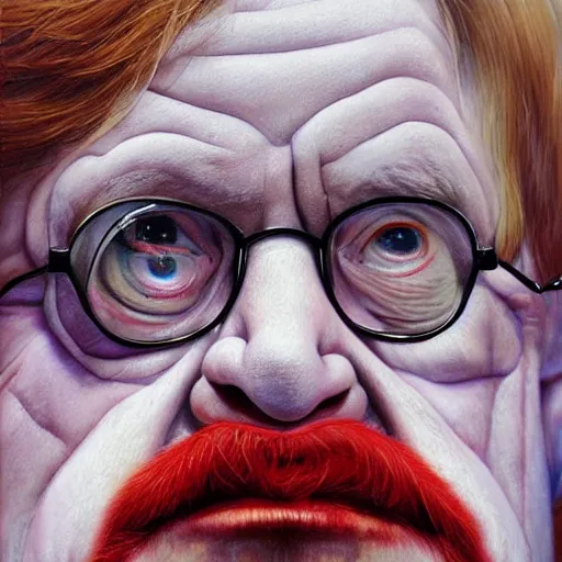 Image similar to UHD hyperrealism painting of Stephen Hawking dressed as a clown, wearing clown makeup, by Antonio Caparo and Ferdinand Knab and Greg Rutkowski, UHD, photorealistic, trending on artstation, trending on deviantart, correct face, real clown makeup