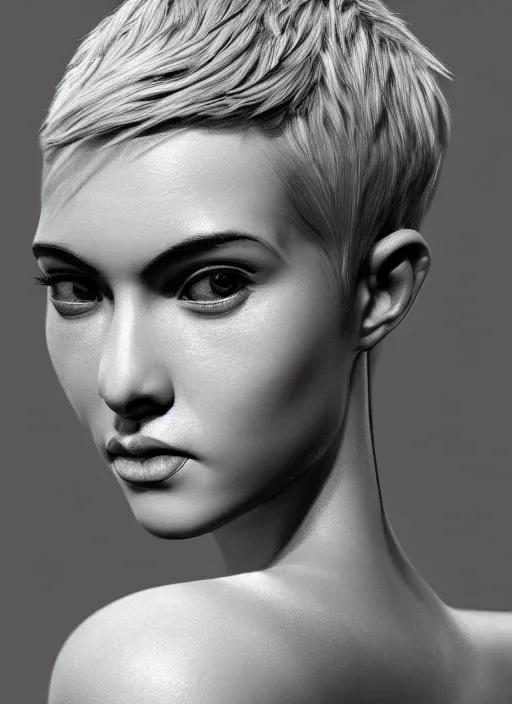 Image similar to up close portrait of a beautiful woman in black and white, photorealistic, pixie cut, intricate hair, upper body, art by diego fazio and diegoKoi and oscar Ukono, concept art, sharp focus, artgerm, 8k highly detailed